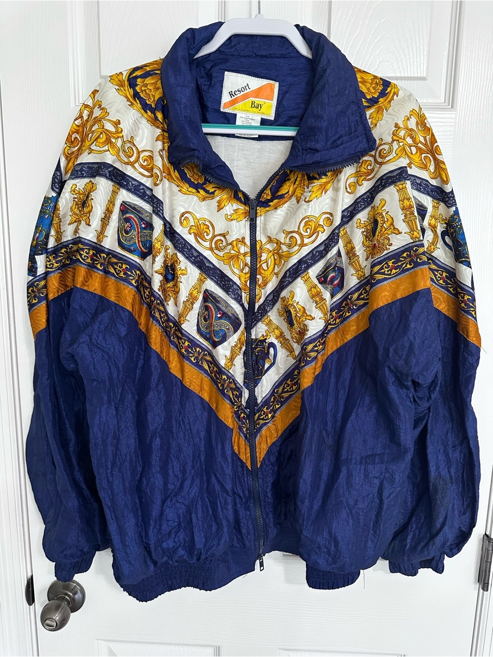 Navy & Gold Patterned Bomber-Style Jacket